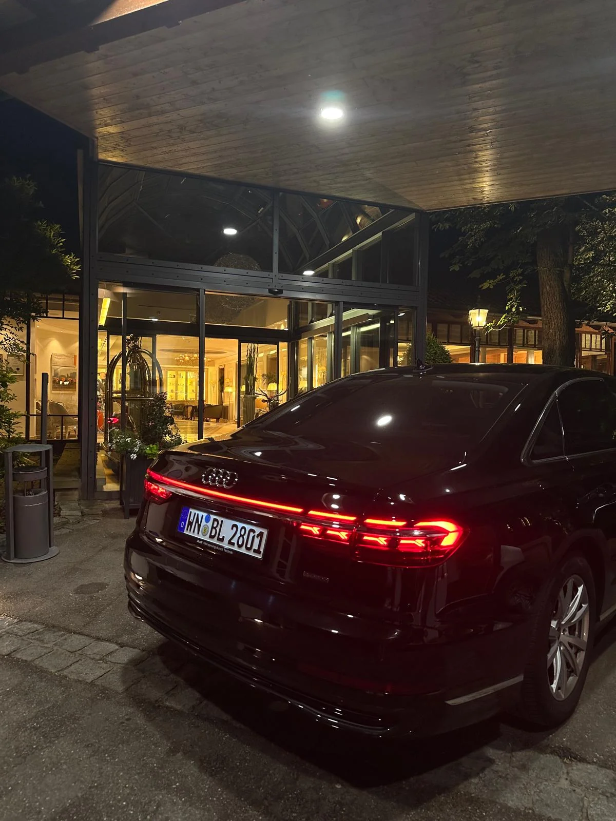 BL-First Audi A8 during an evening chauffeur assignment at a hotel